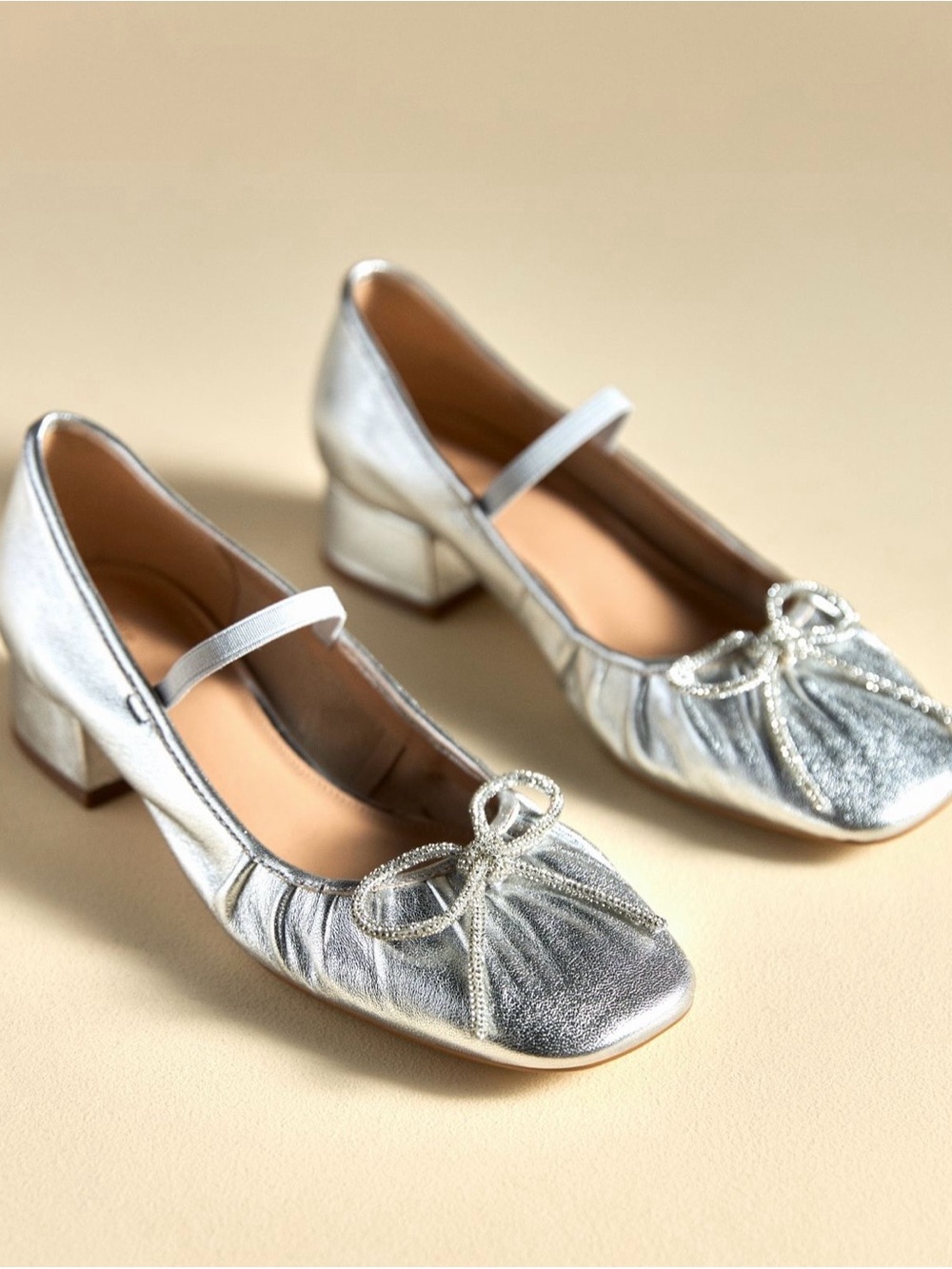 Maeve Silver Ballet flats Mary Jane Low Block Heel Pumps with Decorative Bow